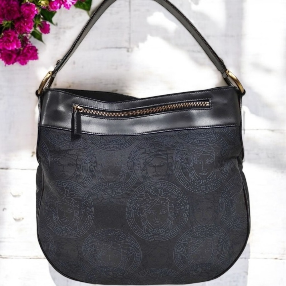 Versace Vintage Black Medusa Imprinted Hobo Bag